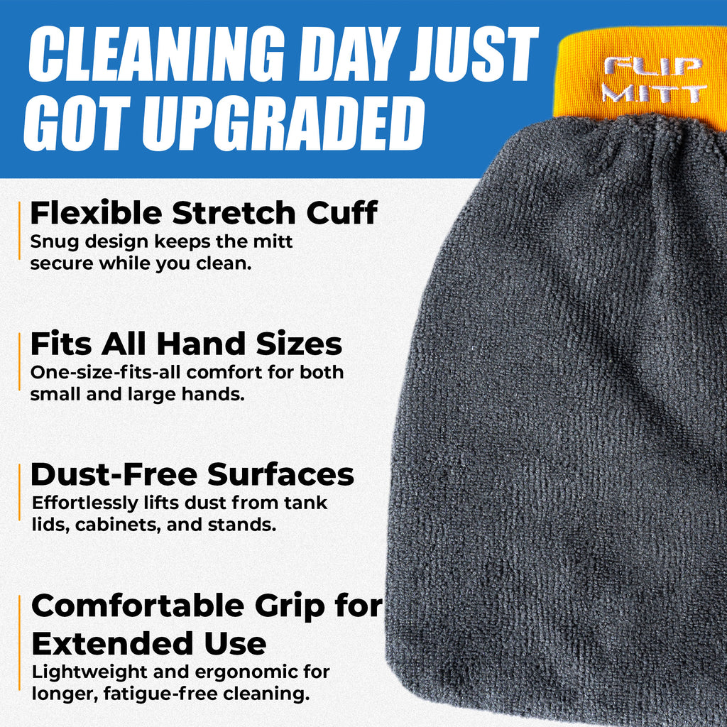 A dark gray microfiber cleaning mitt with an orange cuff is featured against a blue and white background, highlighting its key benefits: "Dual-Sided for Versatility," "Super Absorbent," "Safe for Glass & Acrylic," and "Streak Free Cleaning.