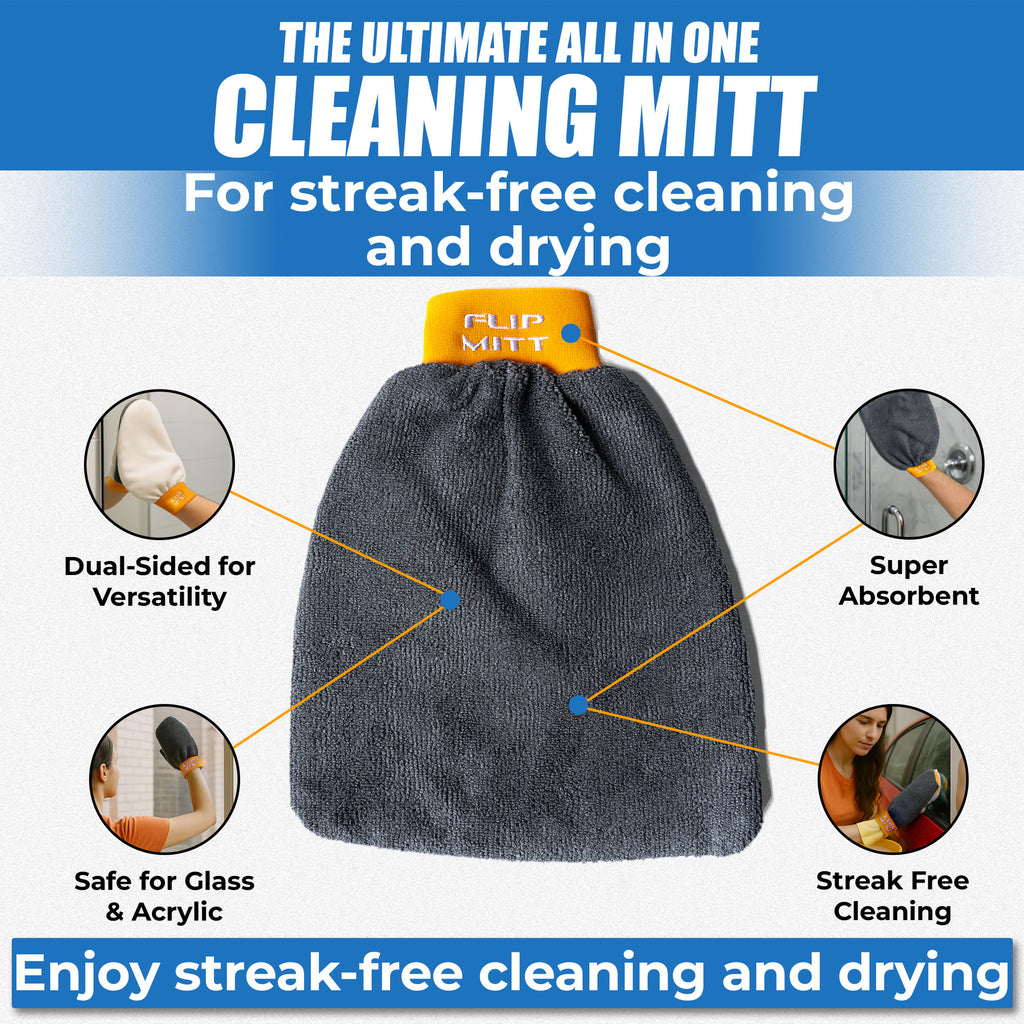 A dark gray microfiber cleaning mitt with an orange cuff is featured against a blue and white background, highlighting its key benefits: "Dual-Sided for Versatility," "Super Absorbent," "Safe for Glass & Acrylic," and "Streak Free Cleaning.