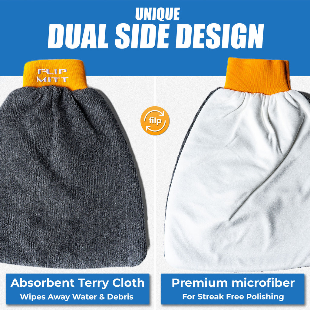 Flip Mitt with dual side design showing gray terry cloth and white microfiber sides.