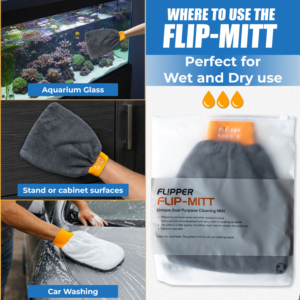 Flip-Mitt product with usage examples and packaging on a blue background
