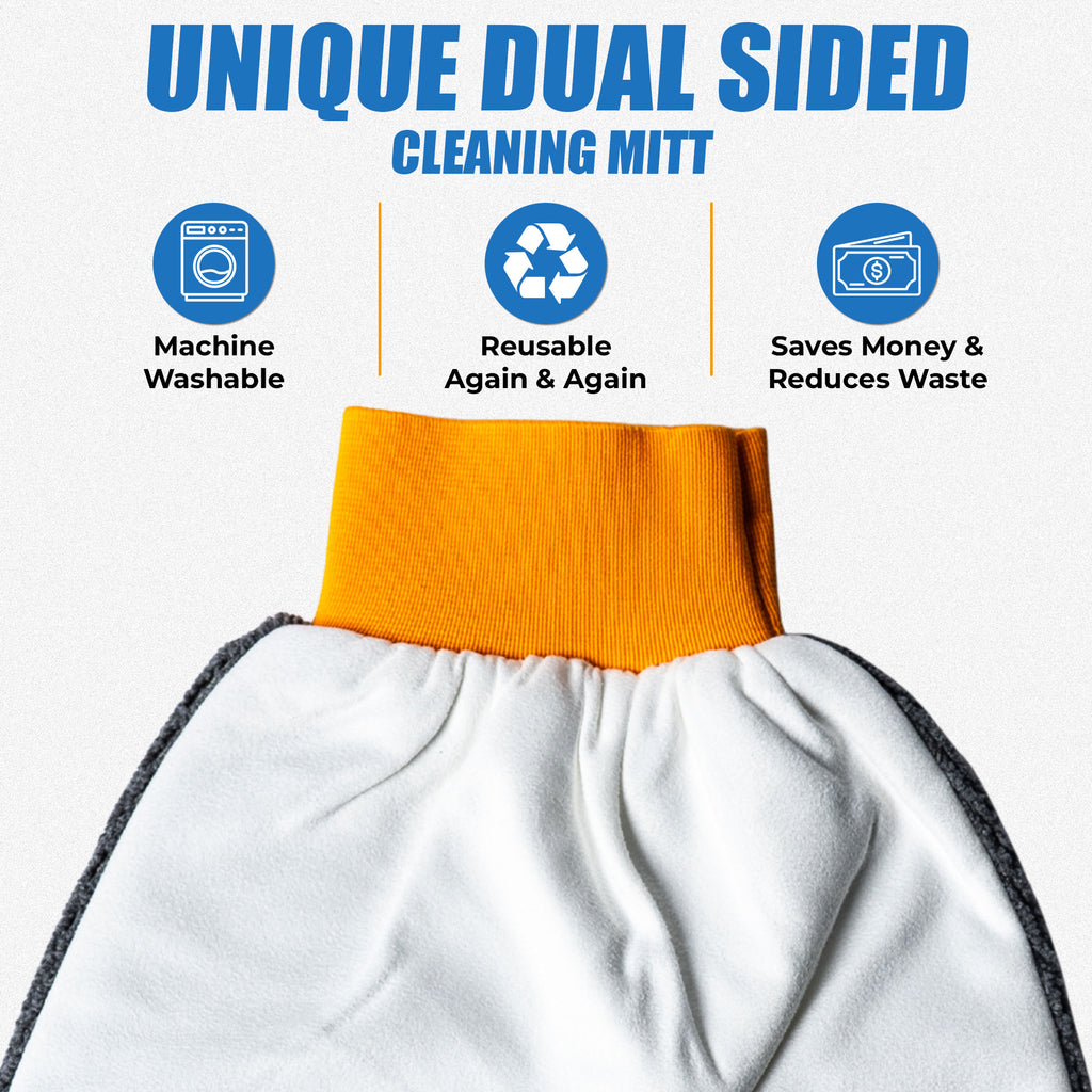 White Flip Mitt cleaning mitt with orange cuff on a white background, featuring text and icons about its unique features.